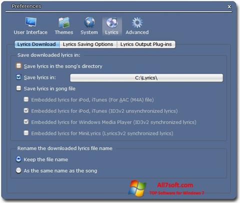 સ્ક્રીનશૉટ Minilyrics Windows 7